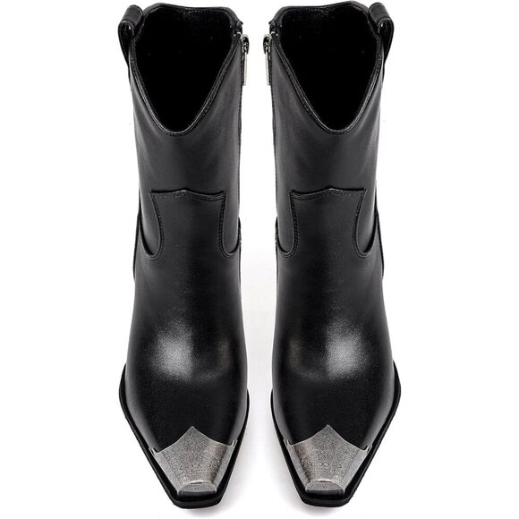 🆕Women Black Western Ankle Boots Metal Toe Booties Stacked Block Heeled Shoes - Picture 5 of 5